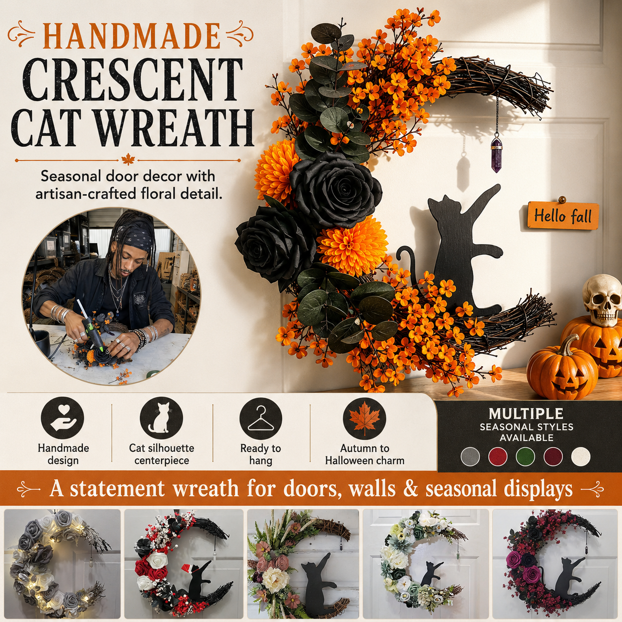 🔥Last Day 50% OFF - Handmade Halloween Cat Wreath🐈‍⬛🌙