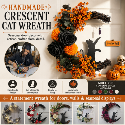 🔥Last Day 50% OFF - Handmade Halloween Cat Wreath🐈‍⬛🌙