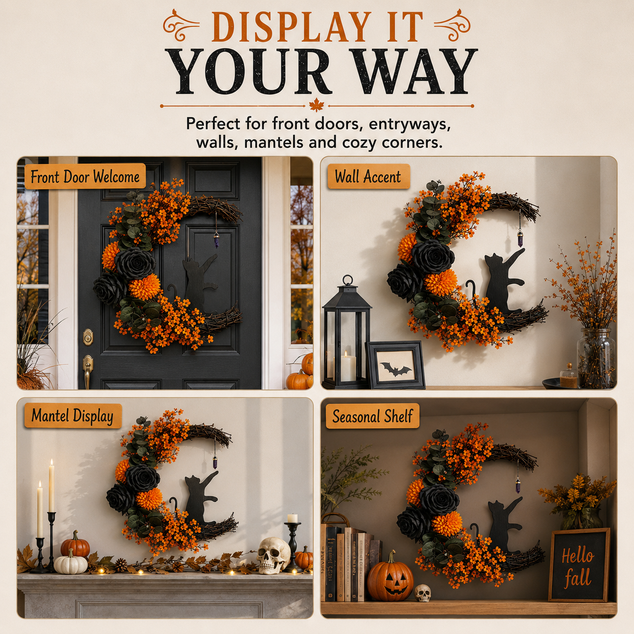 🔥Last Day 50% OFF - Handmade Halloween Cat Wreath🐈‍⬛🌙
