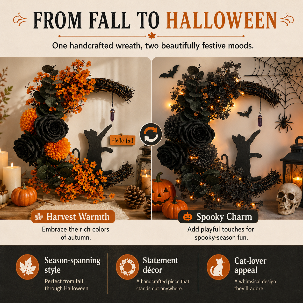 🔥Last Day 50% OFF - Handmade Halloween Cat Wreath🐈‍⬛🌙