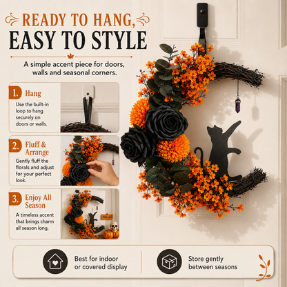 🔥Last Day 50% OFF - Handmade Halloween Cat Wreath🐈‍⬛🌙
