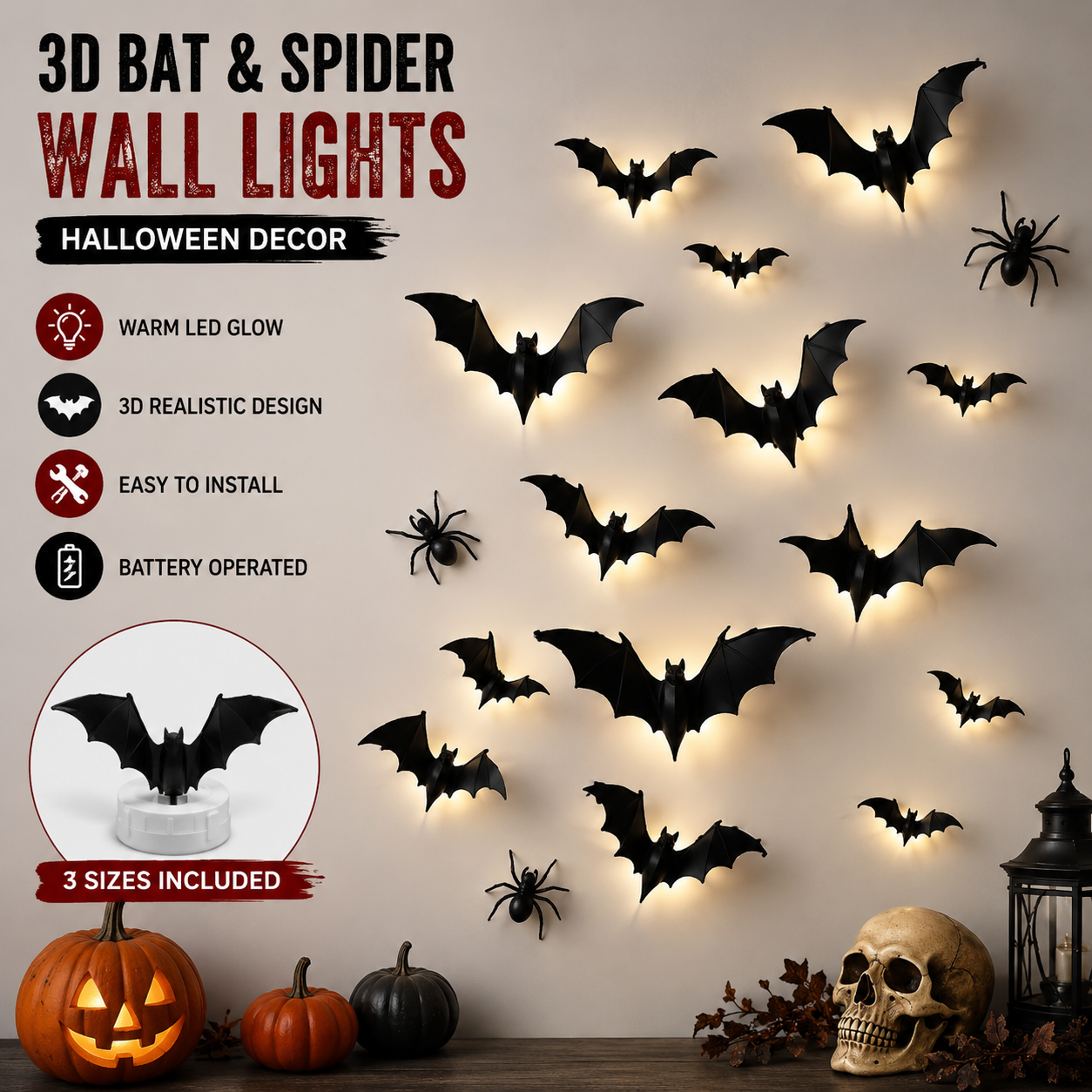 🦇Halloween 3D Bat LED Wall Light Decor🎃💡