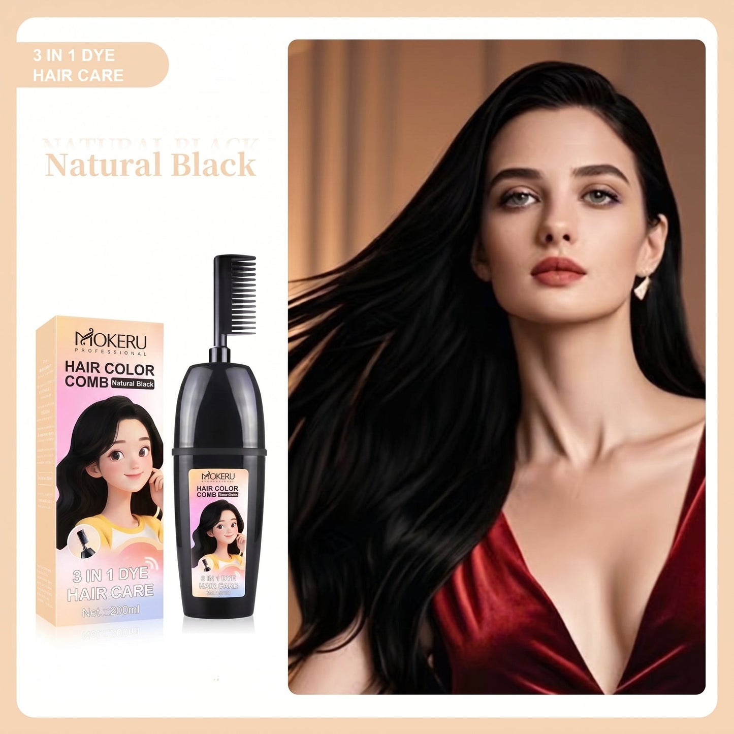 MOKERU Herbal Hair Dye Comb | Easy Hair Coloring at Home | Mess-Free, Even Coverage | Natural Plant-Based Formula | Soft,Shiny Results | 200ml