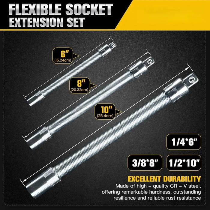 2026 Hot Sale💖1/2 Inch 35cm Socket Ratchet Wrench Set - 3 Bendable Shafts, Wrench Extender Tool, Connecting Rod