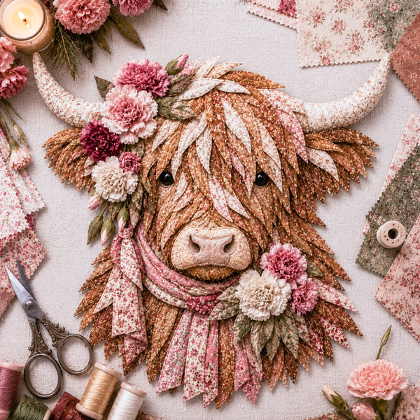 🐮💐🌸 Birth Flower Highland Cow 3D Layered Fabric Art DIY Kit (Beginner-friendly) 🔥 Buy 2 Free Shipping