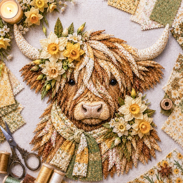 🐮💐🌸 Birth Flower Highland Cow 3D Layered Fabric Art DIY Kit (Beginner-friendly) 🔥 Buy 2 Free Shipping